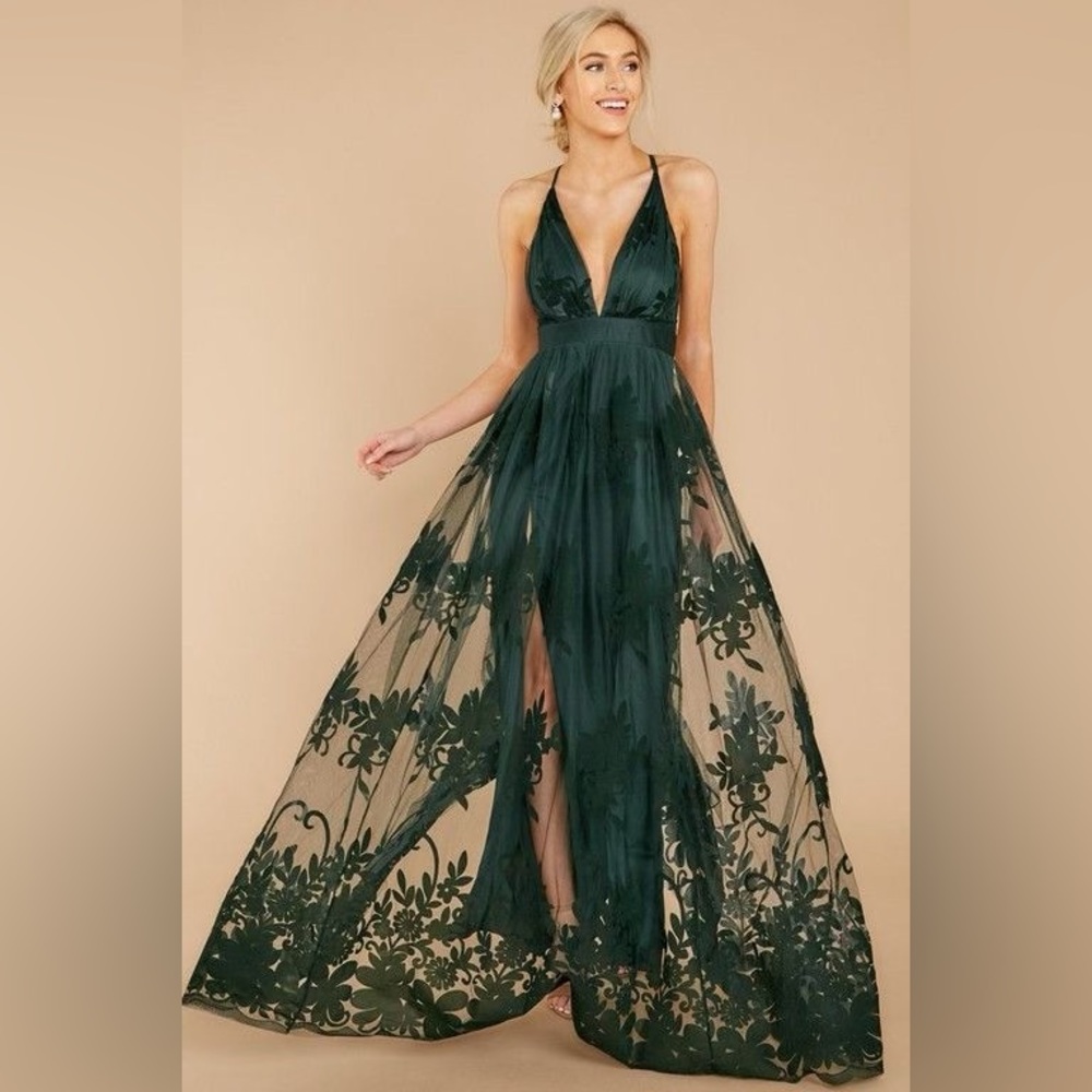 Ever After green maxi dress with tulle and velvet detailing